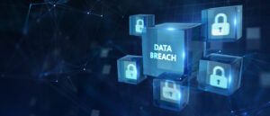 the words data breach floating in a blue block surrounded by lock icons also floating in a blue block. 